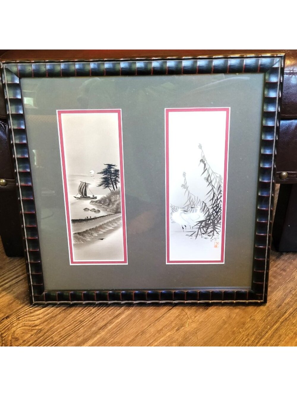 Vintage Framed Japanese Ink Wash Art Prints Scenic Boat & Egret Designs 18 x 18"